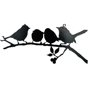 Black metal four birds on branch wall hanging art, elegant window decoration silhouette.