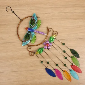 Colorful metal dragonfly wind chime with glass leaf pendants for home garden decor