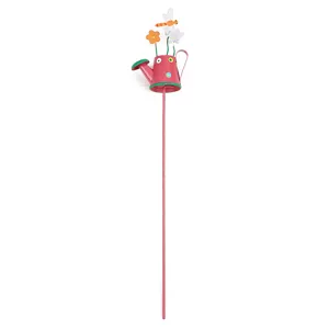 Metal garden watering can stake detail view, colorful flower and dragonfly decoration.