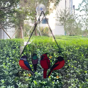Colorful metal bird window hanging suncatcher with four cute birds and chain suction cup decor
