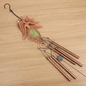 Metal angel wind chime with glowing luminous insert and hanging tubes for garden decor