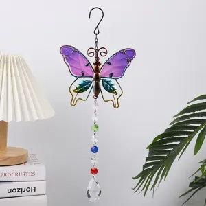 Butterfly crystal sun catcher wind chime hanging pendant for garden home indoor decoration.