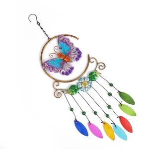 Metal glass wind chime butterfly hanging ornament detailed view, colorful decorative piece.