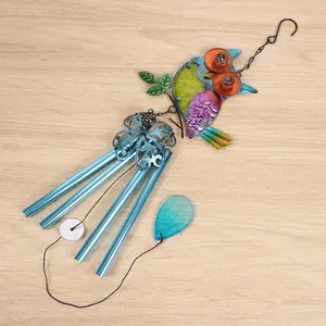 Owl wind chime iron art glass painted hanging decor detail view for garden and patio use.
