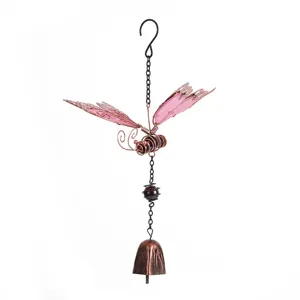 Close-up view of the exquisite pink acrylic butterfly wings and metal wind chime detail.