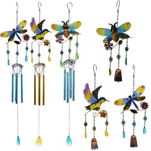 Creative Iron Glass Painted Bird Bee Dragonfly Wind Chime Garden Hanging Ornament Acrylic Pendant Home Outdoor Decor