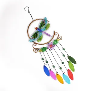 Detailed view of the colorful dragonfly metal glass wind chime, exquisite hanging decor item.