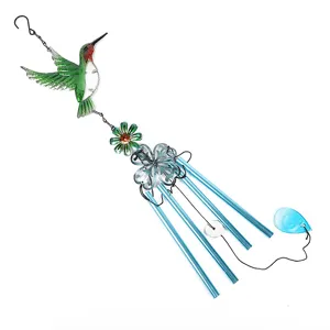 Carillon à vent colibri en métal avec tubes bleus, superbe décoration suspendue pour le jardin.