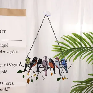 Stained metal flock of birds hanging decor detail, window art pendant with chain and suction cup