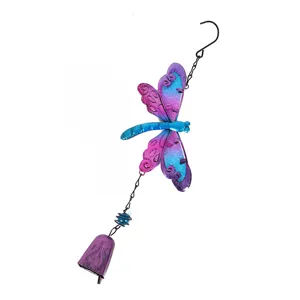 Metal dragonfly wind chime hanging ornament, colorful painted garden decor for home and patio.