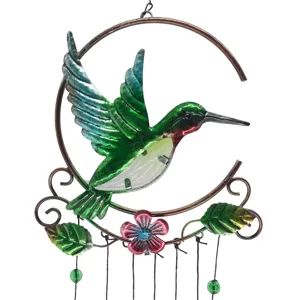 Metal hummingbird wind chime detail with colorful glass wings, iron ring and decorative beads.