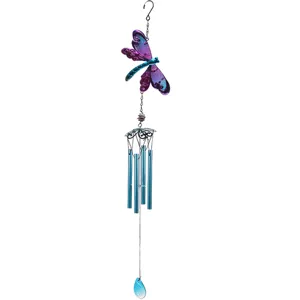 Dragonfly wind chime detail shot, metal tubes and glass pendant hanging decor for home garden