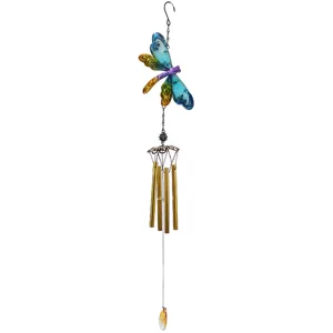 Beautiful colorful dragonfly wind chime with metal tubes and glass pendant for home decor.