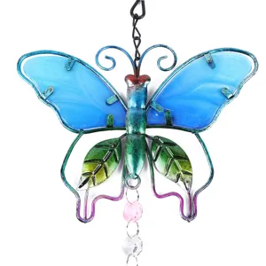 Metal glass butterfly sun catcher wind chime hanging crystal decor for garden yard.