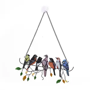 Exquisite 7-birds metal hanging ornament detail, stained glass style window suncatcher.