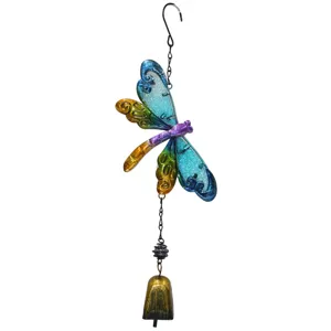 Closeup of the colorful glass and metal dragonfly wind chime detail, vibrant hanging home decor.