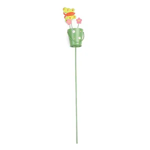 Metal garden stake flower pot insert with butterfly and flowers decor for potted plants.