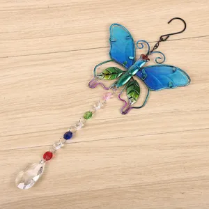 Crystal butterfly suncatcher wind chime with colorful beads and teardrop prism for garden.