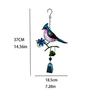 Metal glass painted bird wind chime hanging decor detail view with vibrant colors displayed.