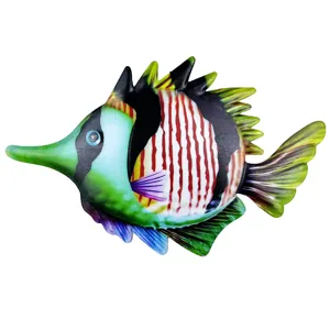 Detailed view of colorful metal tropical fish wall art pendant, vibrant outdoor home decor piece.