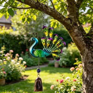 Colorful peacock wind chime metal and glass hanging ornament for garden and outdoor decor.