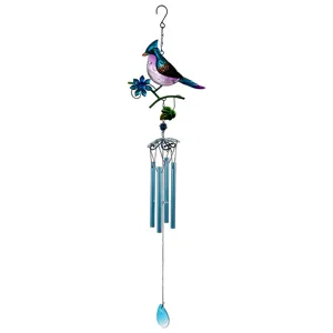 Metal and glass bird wind chime, colorful painted hanging ornament for garden and balcony.