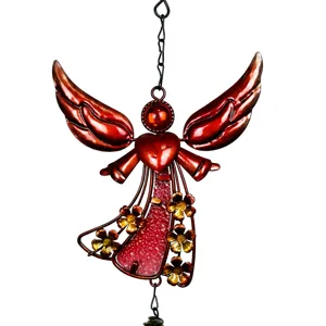Carillon eolien d'ange en metal avec details en verre peint pour jardin et balcon.