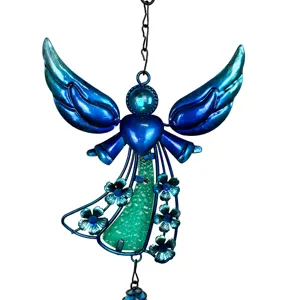 Carillon de vent ange en métal, magnifique décoration de jardin en verre dégradé bleu.