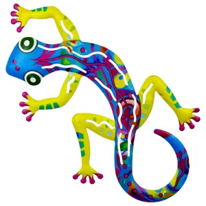Detailed shot of the colorful metal gecko wall art, vibrant painted iron decoration for home decor.