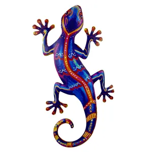Close-up detail of colorful metal gecko wall art, vibrant painted pattern, durable iron craft.