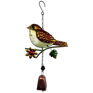 Close-up detail of the metal and glass painted bird wind chime pendant with bell.