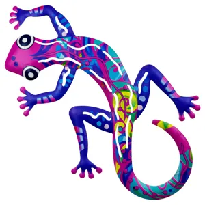 Colorful metal gecko wall art and magnet detail shot, vibrant painted lizard decor for home.