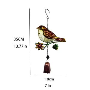 Metal and glass painted bird wind chime hanging decor for garden and balcony decoration.
