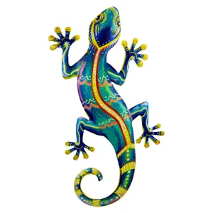 Colorful metal gecko wall hanging and fridge magnet, vibrant hand-painted iron lizard decor.