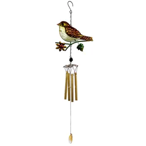 Detailed view of the painted bird wind chime, featuring metal tubes and hanging hook.