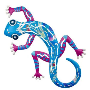 Colorful metal gecko wall hanging and magnetic fridge sticker for home and garden decor art.