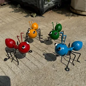 Colorful metal ant figurines set, outdoor garden iron art insect statues for home decor yard.