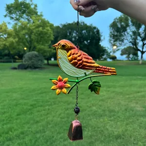 Metal iron art glass painted bird wind chime pendant for garden balcony outdoor decor.