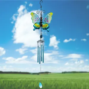 Carillon à vent papillon en métal et verre suspension décoration jardin extérieur