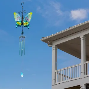 Carillon à vent papillon décoratif en métal et verre suspension pour jardin extérieur