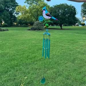 Metal bird wind chime with glass painted pendant, perfect for courtyard and balcony decor.