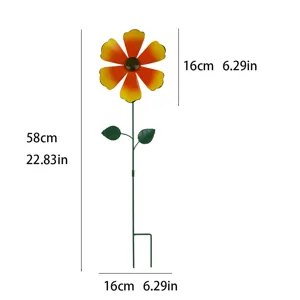 Metal garden flower stake yard art lawn ornament decoration with vibrant red and yellow petals.