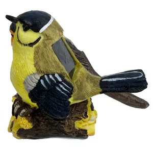 Resin little bird solar light garden figurine, outdoor landscape lawn yard decoration detail.