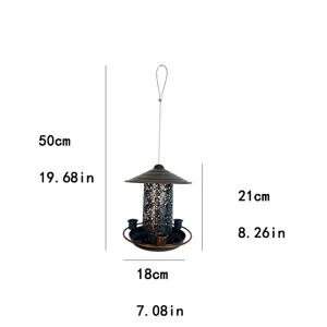Dimension details of hanging metal bird feeder, showing overall height and tray size.
