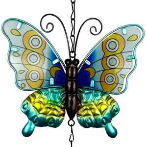 Détail carillon vent papillon métal verre, belle décoration suspendue pour jardin.