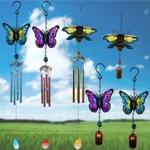 Ornement Suspendu de Carillon Éolien Papillon Abeille Peint en Verre d'Art en Fer Fait Main pour Décor de Jardin