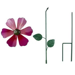 Metal flower garden stake components detail showing pink flower head, stem and lawn ground spike.