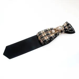 Preppy houndstooth bow tie with chain pearl and diamond details for men and women vintage neckwear