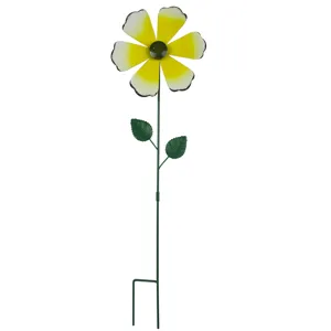 Metal flower garden stake closeup, yellow bloom and green stem detail for outdoor yard decor.