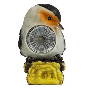 Closeup detail of the solar LED light panel embedded on the cute resin bird garden ornament.